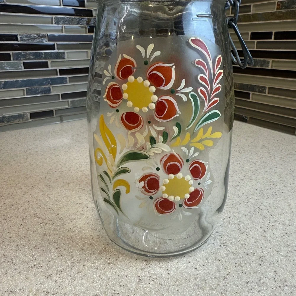 Vintage 1982 Luppino Hand Painted Floral Glass Canister 1.5L Wire Bale Jar